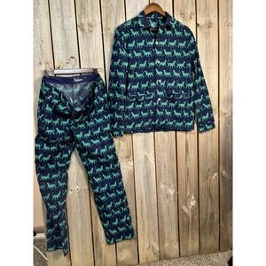 Boden Adult Small 2 piece Pajama set navy green Big Cat Print shirt and pants